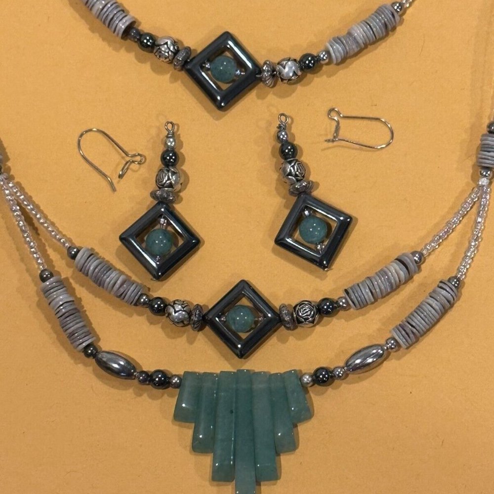 19" Handmade Adventurine Necklace, Earrings, Bracelet Set